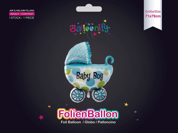 Folienballon BABY BOY Kinderwagen in Blau, 71 x 79cm