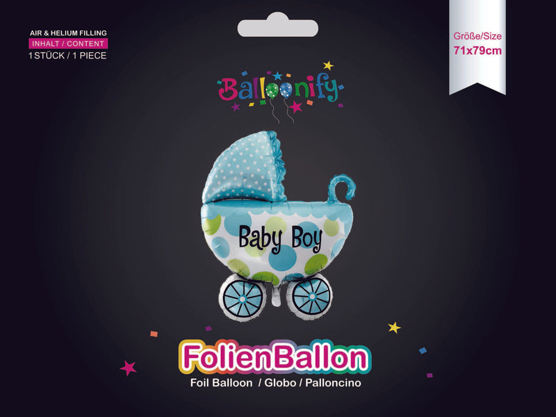 Folienballon BABY BOY Kinderwagen in Blau, 71 x 79cm