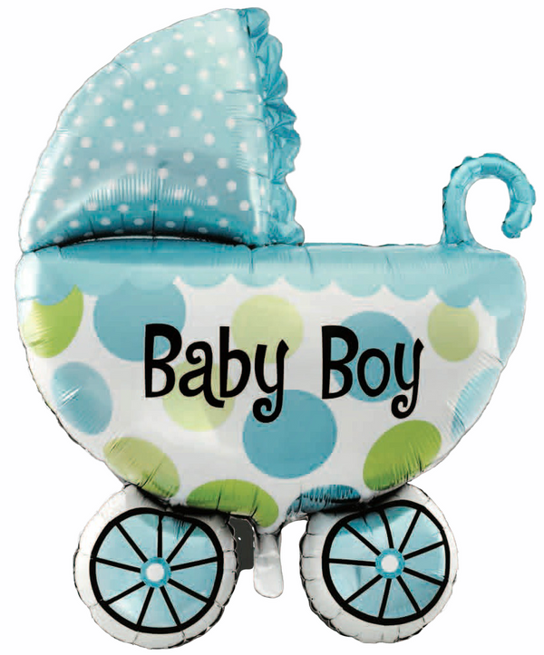 Folienballon BABY BOY Kinderwagen in Blau, 71 x 79cm